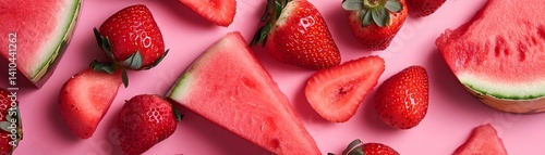 Fresh Watermelon and Strawberries on Pink Background for Summer