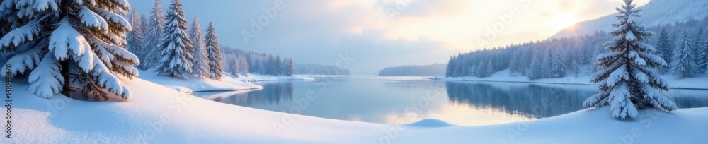 Snow-covered landscape with frozen lake and pine trees, winter wonderland, pine forest, winter Snow-covered landscape with frozen lake and pine trees, winter wonderland, pine forest, winter
