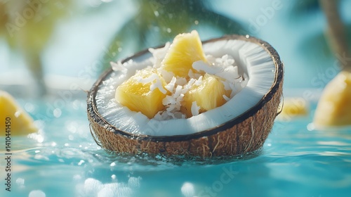 Fresh Coconut Bowl with Pineapple and Coconut Flakes in Water