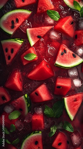 Fresh Watermelon Cubes and Mint with Ice on Dark Background