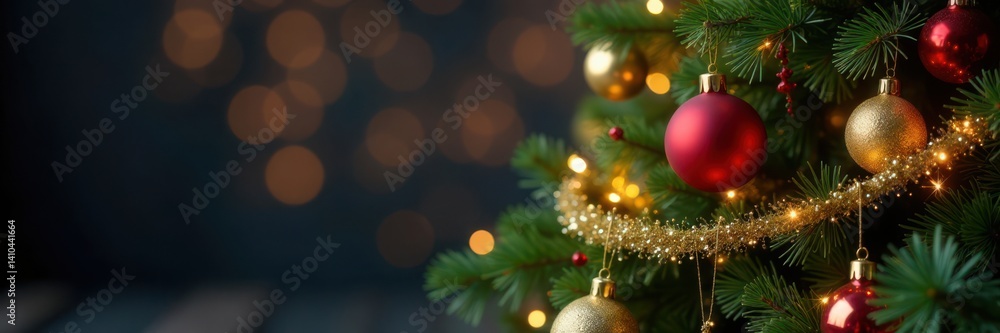 Elegant Christmas tree with sparkling ornaments and garlands, Winter wonderland, Holiday decoration Elegant Christmas tree with sparkling ornaments and garlands, Winter wonderland, Holiday decoration