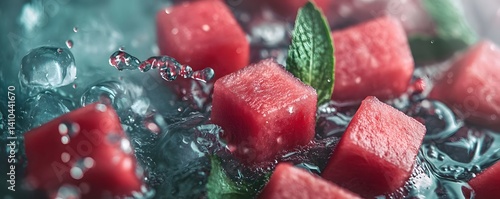 Fresh Watermelon Cubes Floating in Sparkling Water with Mint Leaves