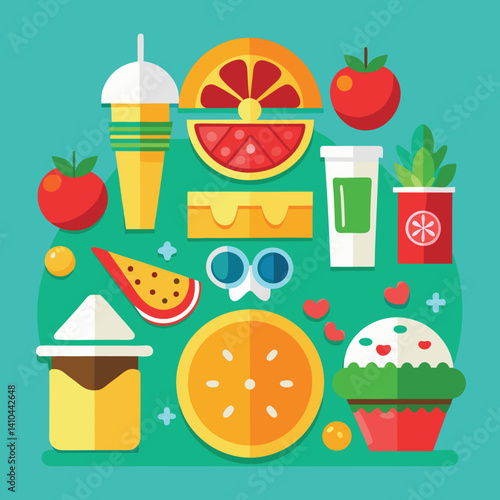 Colorful Fruit Medley: An artful collection of vibrantly illustrated fruits and refreshing beverages. A delightful visual composition to spark inspiration.
