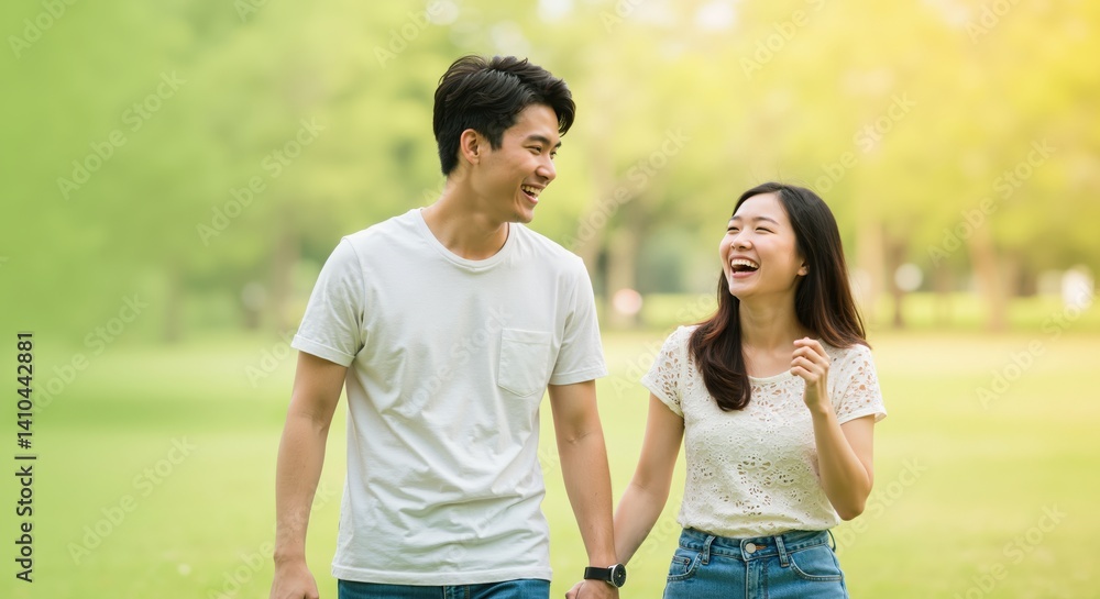 Happy couple walking hand in hand in a sunny park Happy couple walking hand in hand in a sunny park