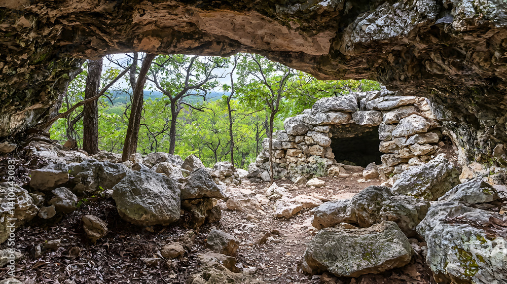 Fototapeta premium Cave Entrance Overlooking Stone Structure In Forest