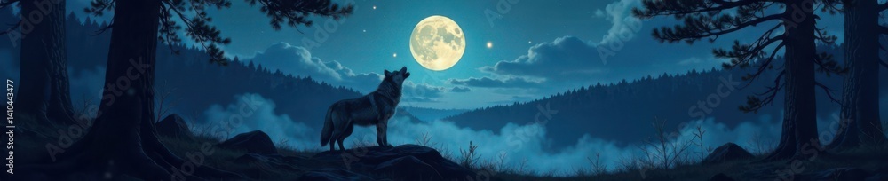 A lone wolf howls at a full moon in the wilderness forest , fullmoon, wildlife A lone wolf howls at a full moon in the wilderness forest , fullmoon, wildlife