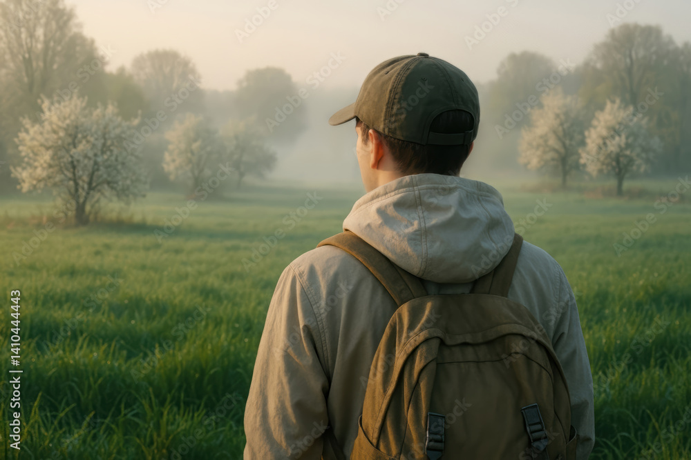 Back view of a solo traveler with backpack walking through a peaceful green meadow in spring, escaping tourist crowds and reconnecting with serene blooming nature. Overtourism Escape concept Back view of a solo traveler with backpack walking through a peaceful green meadow in spring, escaping tourist crowds and reconnecting with serene blooming nature. Overtourism Escape concept
