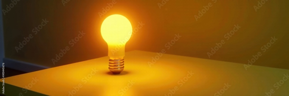Yellow desk with glowing light bulb, idea, desk, work