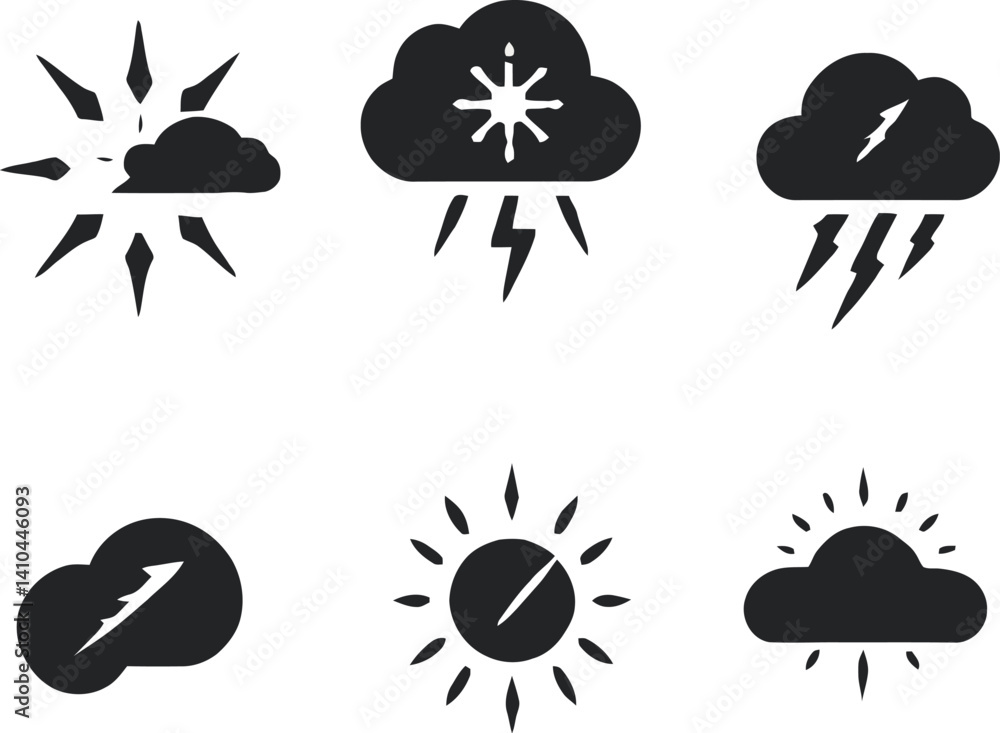 A vector set of weather icons illustrating sun, cloud, rain, snow, and moon symbols for forecast and meteorology design A vector set of weather icons illustrating sun, cloud, rain, snow, and moon symbols for forecast and meteorology design