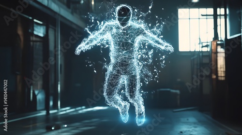 Digital Human: An ethereal, futuristic digital human figure levitates in a warehouse environment. The scene is illuminated by soft, cool light that outlines the figure's form with precision.