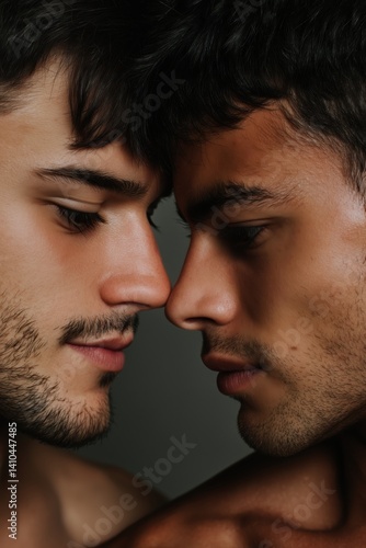 two gay men softly pressing their foreheads together, shirtless, intimate and tender moment, neutral background, soft lighting,