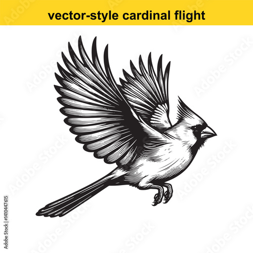 Flying Northern Cardinal Line Art – Black and White Vector Bird Illustration

