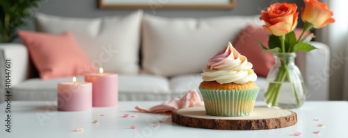 Colorful cupcake on white table with decorative candles and flowers in a modern living room background, dessert, cakes