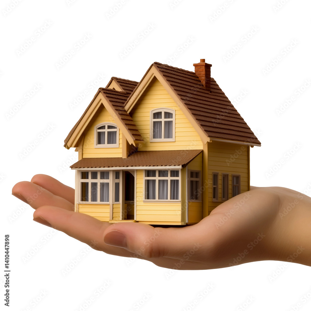 Dream home concept hand holding miniature house real estate investment property buying selling renting isolated on a transparent background. Dream home concept hand holding miniature house real estate investment property buying selling renting isolated on a transparent background.