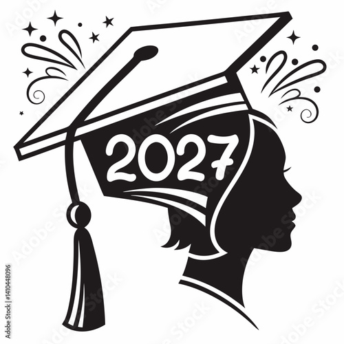 Graduation Silhouette 2027 With Cap Tassel And Celebration Sparkles Vector Graphic