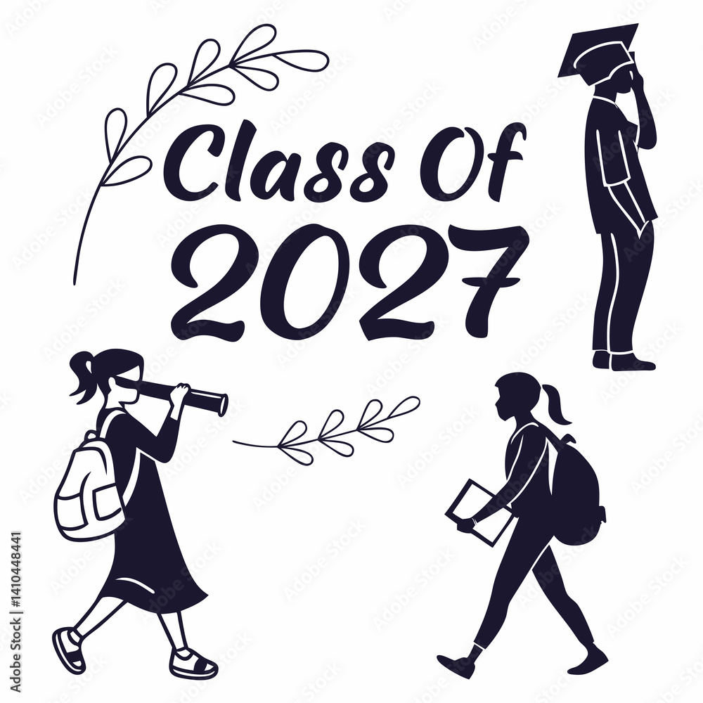 Class Of 2027 Graduation Illustration With Students And Foliage Accents Class Of 2027 Graduation Illustration With Students And Foliage Accents