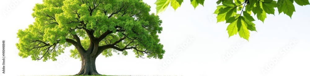 Large oak tree with full leaves against white , nature, environment Large oak tree with full leaves against white , nature, environment
