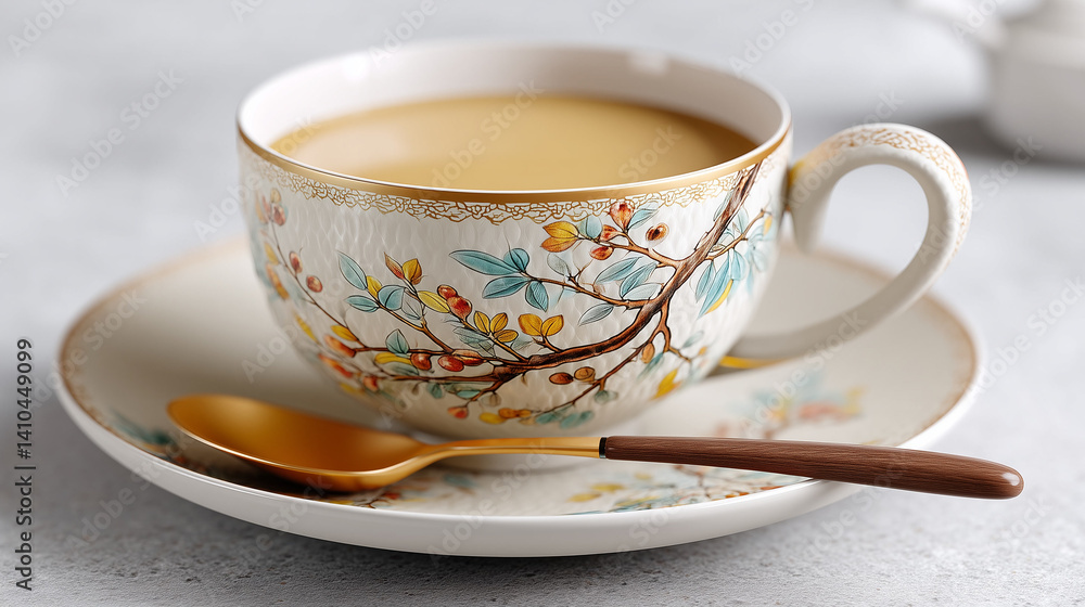 Elegant tea cup with coffee on decorative saucer Elegant tea cup with coffee on decorative saucer