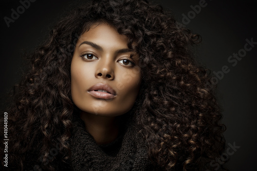 Wallpaper Mural Captivating Curls: A beautiful woman with long, flowing brown curls gazes into the camera with a captivating intensity. Torontodigital.ca
