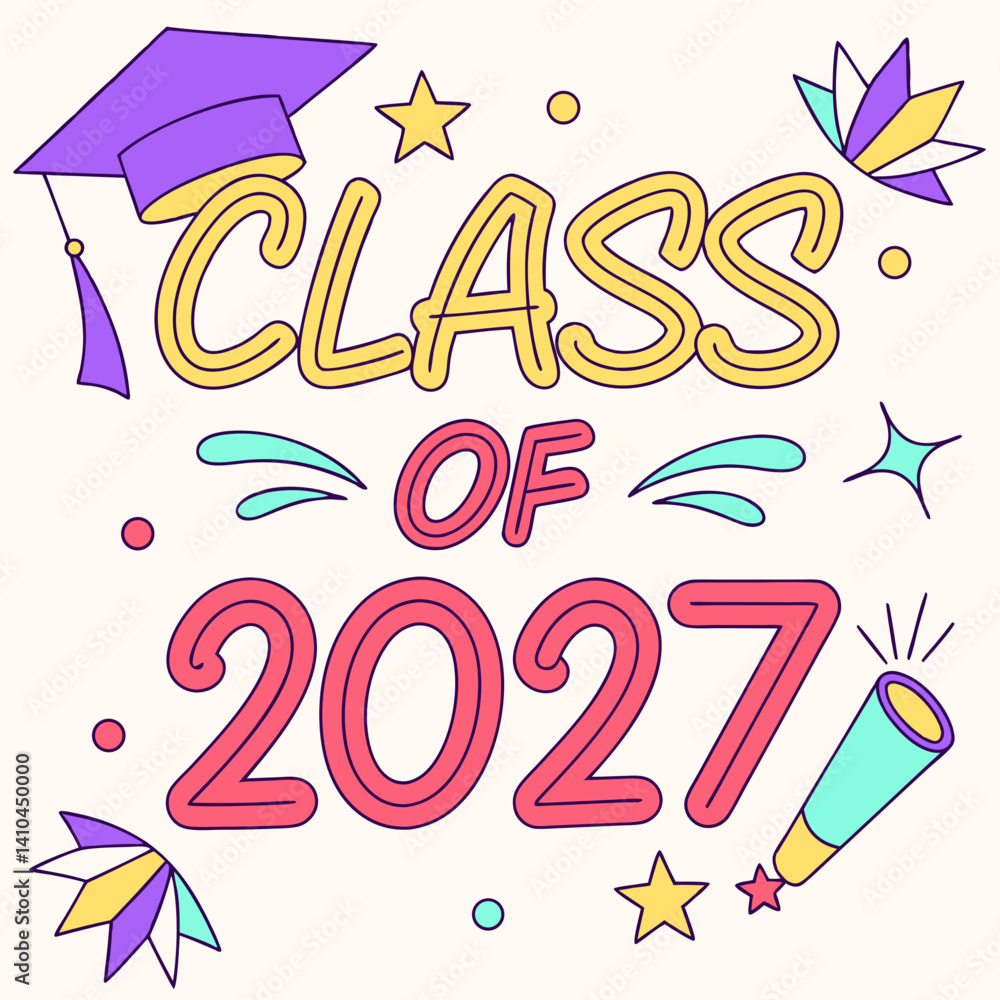 Class Of 2027 Graduation Celebration Design With Cap Star And Confetti Graphics Class Of 2027 Graduation Celebration Design With Cap Star And Confetti Graphics