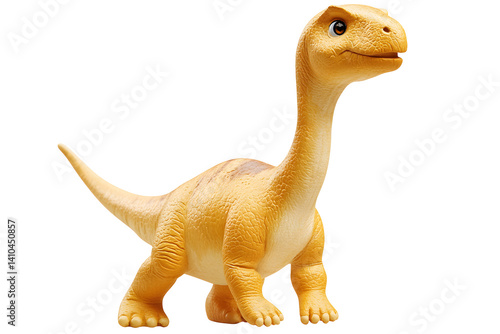 Fototapeta Naklejka Na Ścianę i Meble -  Yellow cartoon dinosaur with long neck and tail, walking happily. Small size, friendly eyes