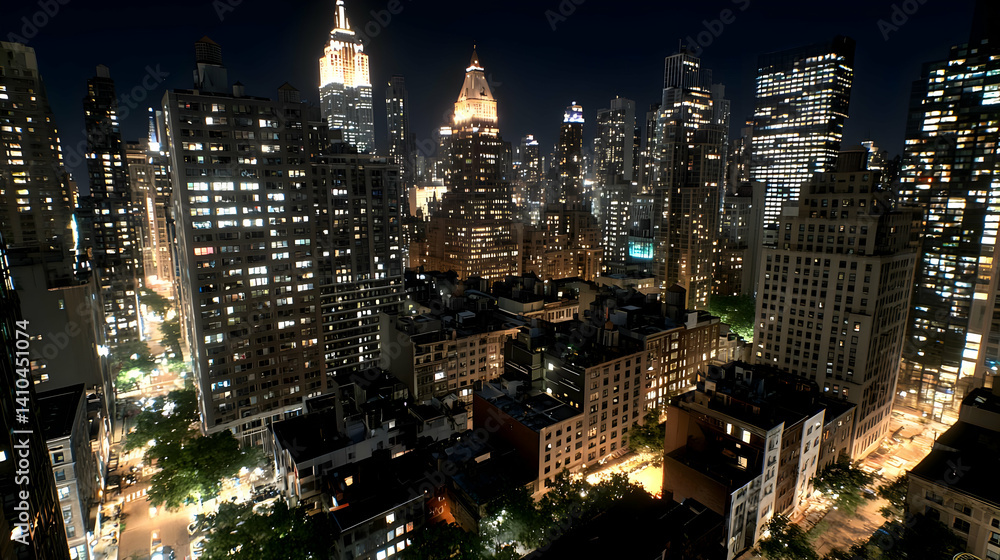 Obraz premium Night City Aerial View With Illuminated Skyscrapers
