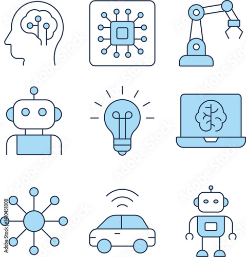 Flat Vector Icons of Artificial Intelligence and Robotics Technology. Concepts of artificial intelligence and robotics. Includes symbols such as robot head, neural networks, AI chip, automation.