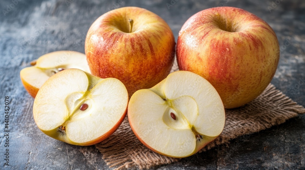 Fresh Red and Yellow Apples with Sliced Halves Displayed Nicely Fresh Red and Yellow Apples with Sliced Halves Displayed Nicely