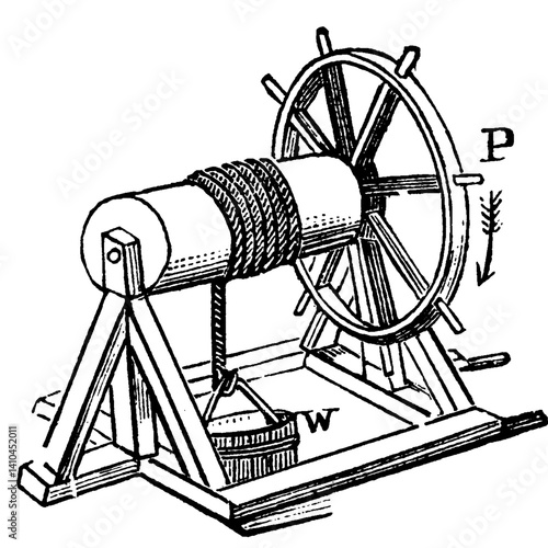 Wheel and Axle with Rope and Bucket, Vintage Illustration