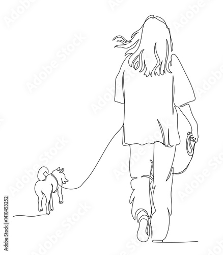 Young woman with dog walking away. Back view.  Black and white vector illustration in line art style.