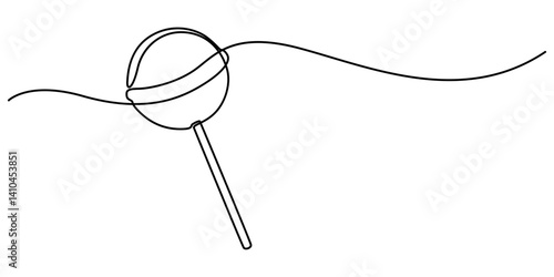 Continuous line drawing of lollipop, spiral hard sugar candy on stick. Vector sketch of round caramel with striped swirls in one black contour isolated on white background, One line Lollypop. Simple.