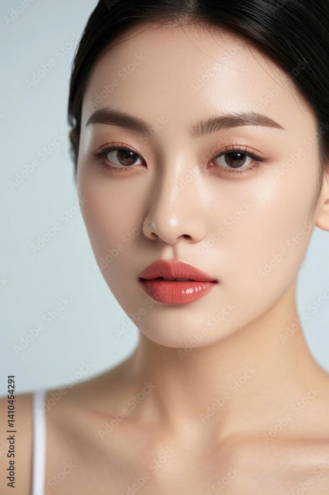 a close up of a woman with a red lipstick and a white tank top a close up of a woman with a red lipstick and a white tank top