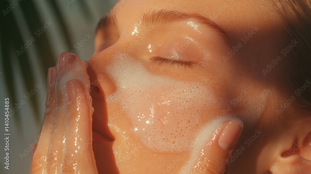 Fototapeta premium Close-up of a woman gently applying lightweight toner for radiant skin in soft natural light Generative AI