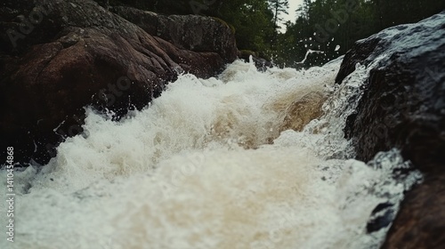 Powerful water cascades over large rocks with foamy white textures
