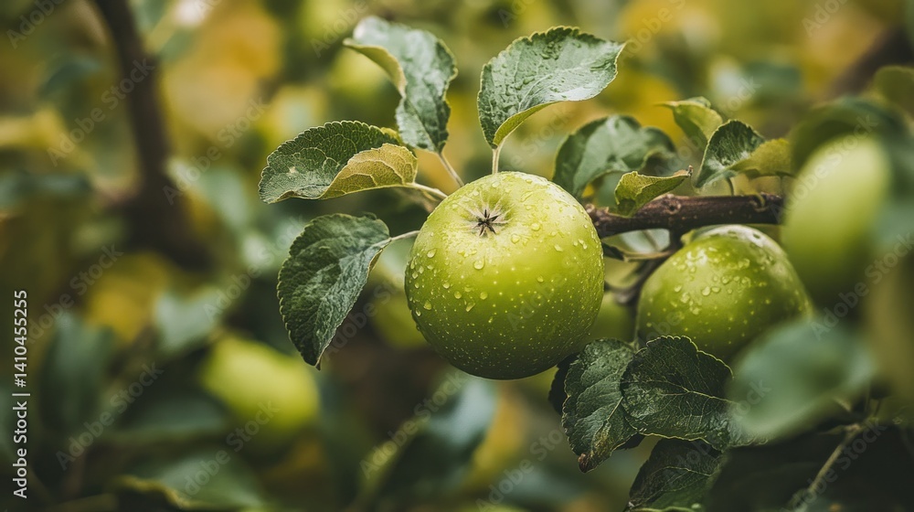 Obraz premium A close up of green apples growing on a tree branch