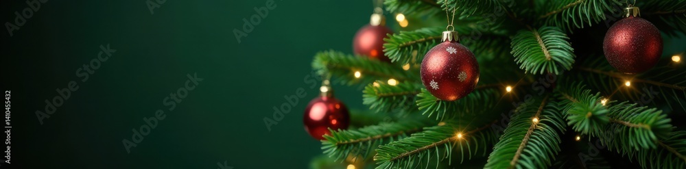 Naklejka premium Dense green Christmas tree with glass baubles and twinkling string lights, Shiny Lights, Winter Wonderland