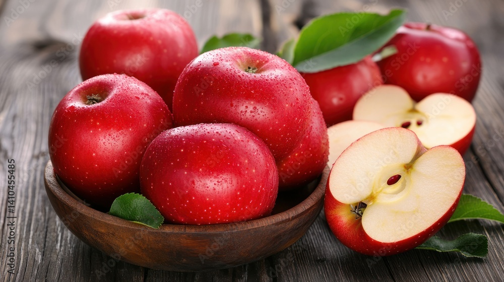 Several red apples are displayed on a rustic wooden surface Several red apples are displayed on a rustic wooden surface