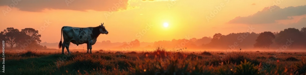 Fototapeta premium A lone cow standing in a field with silhouetted trees in the background, cows, landscape