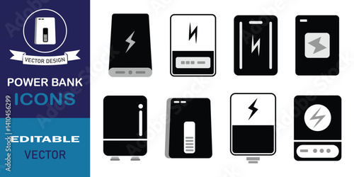 Power bank vector, icon set. Simple illustration of power charger vector, silhouette symbol website design. Portable charger icons sign isolated on white background. Energy saving vector illustration.