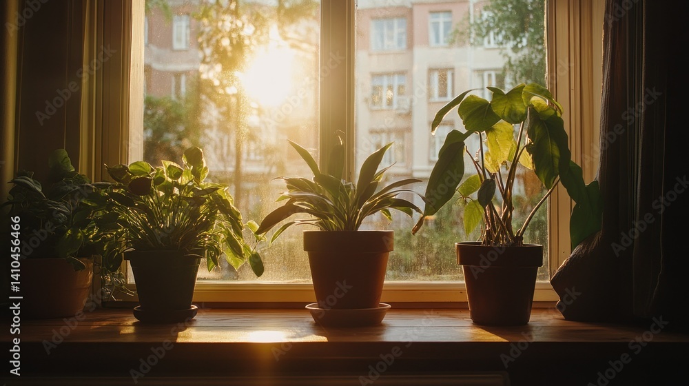 Indoor potted plants sit on a window sill with sun shining through Indoor potted plants sit on a window sill with sun shining through
