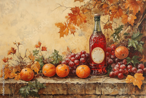 A painting featuring a bottle of wine surrounded by assorted fruits on a wooden table, with a background of a vineyard and hills under a clear sky.
