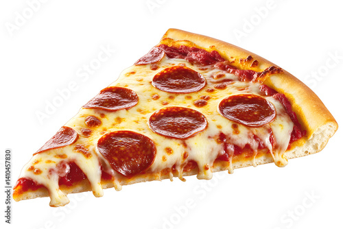 Pizza slice featuring pepperoni and melted cheese on a crispy crust, isolated on a transparent background