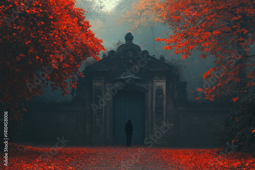 Person standing at gate framed by vibrant red leaves, creating a striking autumn scene.