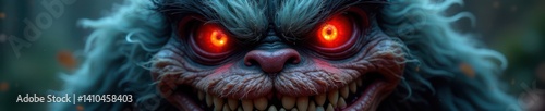 Furry red-eyed monster face close-up with shaggy fur and sharp teeth, felid features, creatures