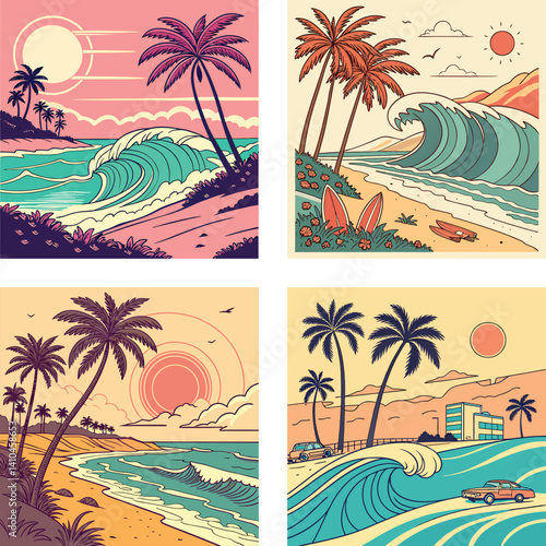 A retro beach with waves, palm trees, and a synthwave sun