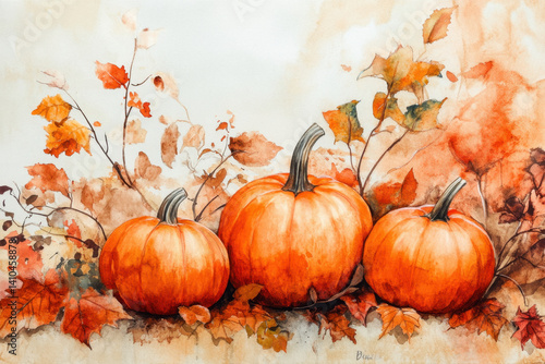 Watercolor painting of pumpkins on a table with vibrant colors and detailed textures, capturing the essence of fall harvest.