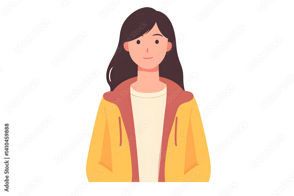 Smiling woman in yellow jacket, looking forward with simple features Smiling woman in yellow jacket, looking forward with simple features