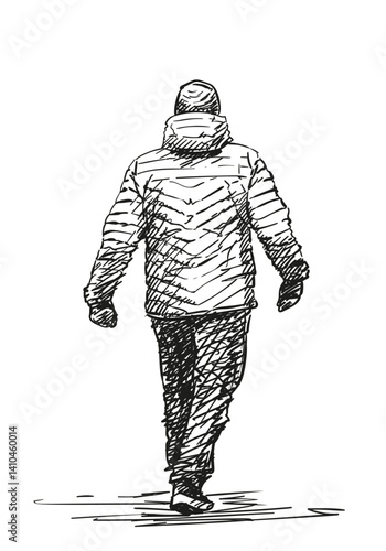 Hand-drawn vector illustration of a man in a quilted jacket walking with arms slightly spread, back view. Black and white sketch with shading, isolated on white. Perfect for urban lifestyle, travel