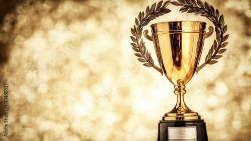 A gleaming gold trophy with a laurel wreath sits proudly on a dark base against a subtly textured golden background perfect for celebrating success and achievement.