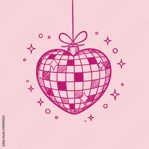 Vector illustration of a hanging heart shaped disco mirror ball in hand drawn sketch style, isolated pink monochrome doodle icon for romantic disco or party theme